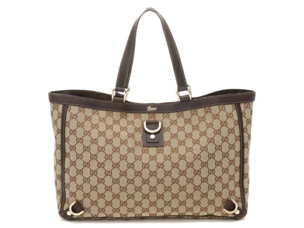 Gucci Tote Bag GG Canvas Embossed Calf Leather Beige Cream Brown